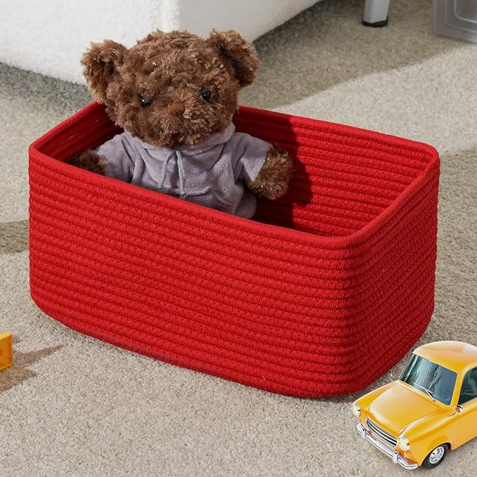 3 Pack Small Storage Baskets for Organizing, 11.8×7.8×5.1", Christmas Red | Woven Baskets for shelves, Cotton Rope Basket for Gifts Empty, Closet Organizer Bins with Handles, Cube Decorative Box