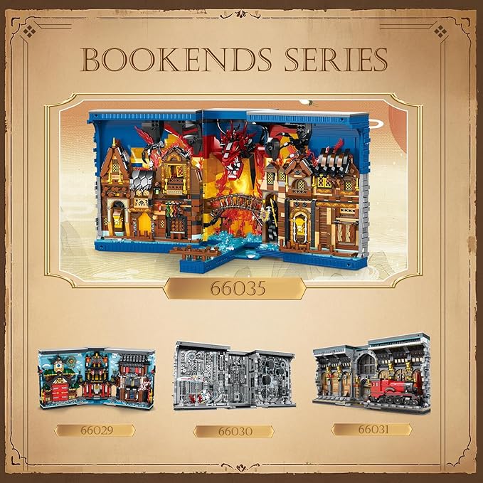Shire Booknook Building Set with Light, H.obbit-Themed DIY Bookend Building Block Kit for Adults, Medieval Dragon Book Nook 3398PCS, Bookshelf Home Decor for Kids Boys Girls Age 14+