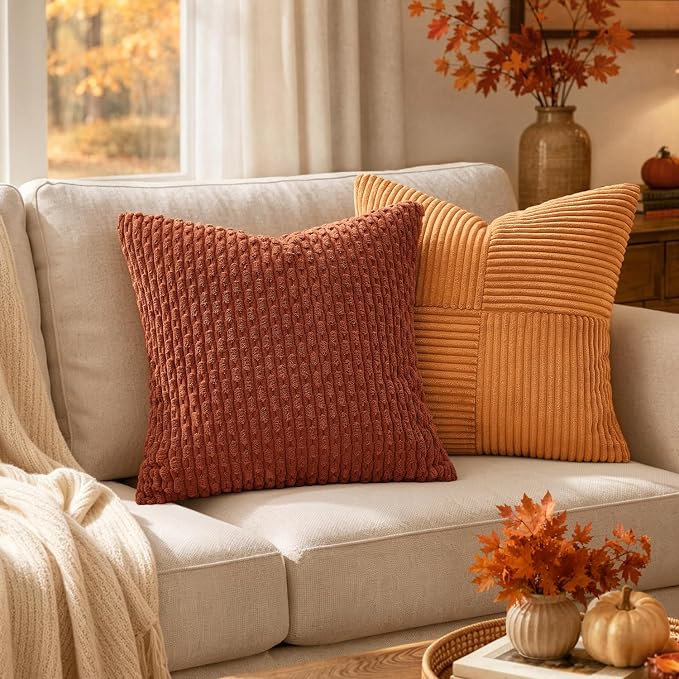 MIULEE Euro Sham Fall Decorative Throw Pillow Covers 24x24 Rust Corduroy | Terracotta Textured Striped Pack of 2 Striped Pillow Covers Modern Farmhouse Autumn Home Decor for Couch Bed Sofa Living Room