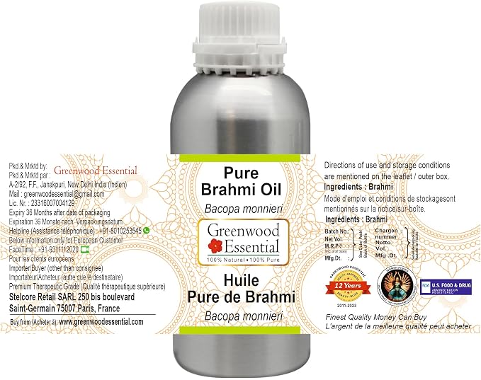 Greenwood Essential Pure Brahmi Oil (Bacopa monnieri) Natural Therapeutic Grade 630ml (21 oz)