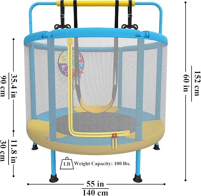 60" Trampoline for Kids, 5ft Toddler Mini 6-in-1 Trampoline Indoor Outdoor with Swing, Basketball Hoop, Dart Board, Rings, Christmas Toys Birthday Gifts for Girls Boys