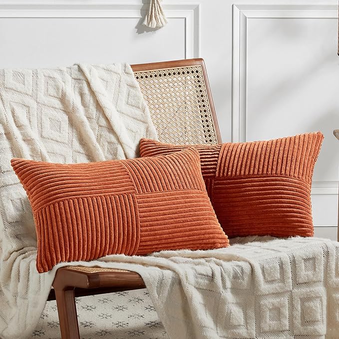 Fancy Homi Set of 2 Burnt Orange Lumbar Decorative Throw Pillow Covers 16x26 Inch for Living Room Couch Bed, Boho Farmhouse Fall Home Decor, Soft Corduroy Corss Patchwork Cushion Case 65x40 cm