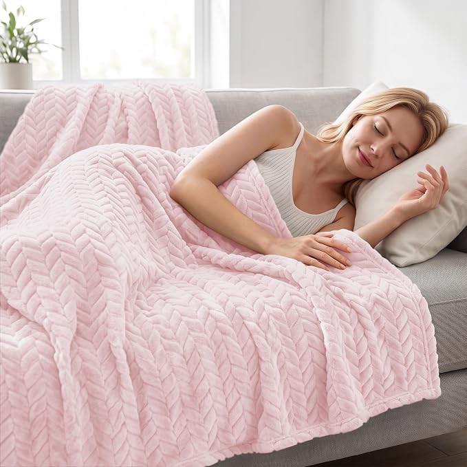Exclusivo Mezcla Soft Fleece Bed Blanket Twin Size, 90”x66”, Light Pink | Cozy Fluffy Lightweight Blankets for Summer, Decorative Plush Flannel Throws for Living room, Bedroom with Leaves Pattern