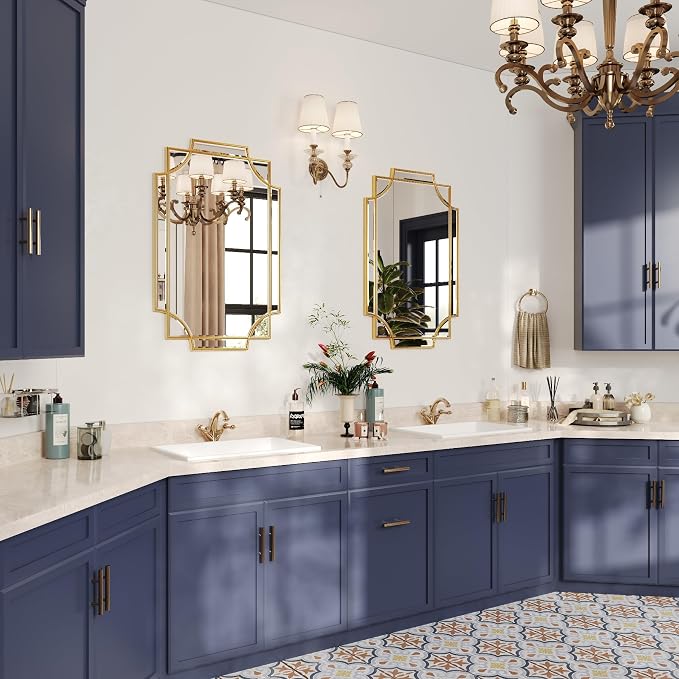 Kelly Miller 20"x30" Gold Foil Scalloped Edge Decorative Vanity Wall Mirror | Hand-Applied Gold Foil Finish. HD Mirror With French Cleat. Elegant Beveled Wall Mirror Decor For Bathroom Bedroom Entryway.