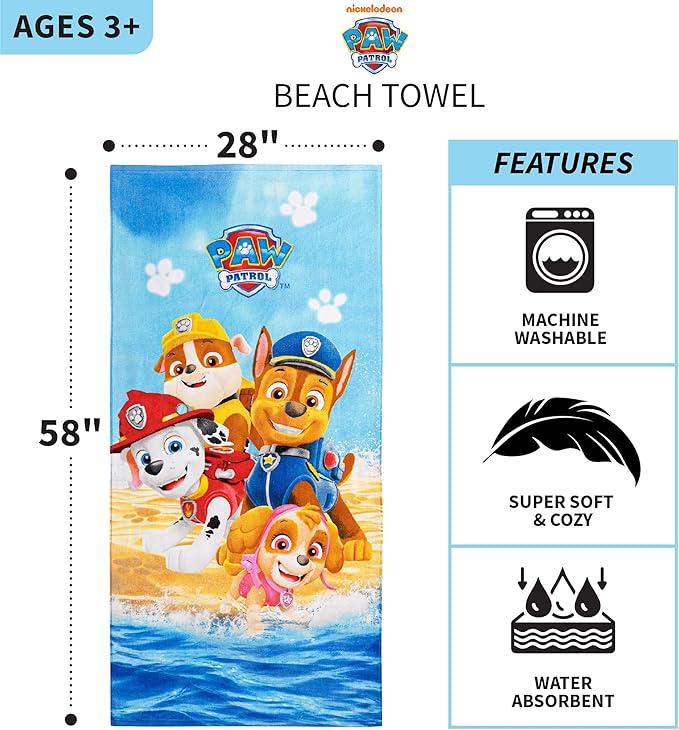 Franco Kids Super Soft Cotton Bath/Pool/Beach Towel, 58 in x 28 in, Paw Patrol