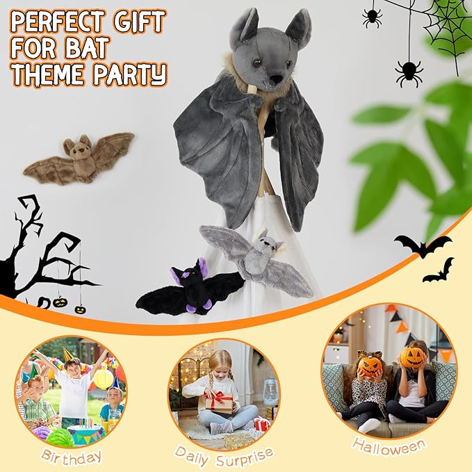 Tezituor 4Pcs Realistic Goth Bat Stuffed Animals Set, 32inch Large Mommy Stuffed Bat with 3 Cute Babies for Boys Girls, Hugging Soft Gothic Bats Plush Toy Gift for Halloween Christmas Party