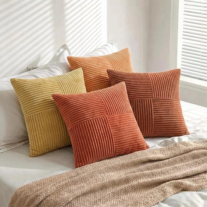Fancy Homi Set of 4 Boho Fall Decorative Throw Pillow Covers 18x18 Inch for Couch Bed Sofa Bedroom, Modern Farmhouse Home Decor, Soft Cross Striped Corduroy Patchwork Colorful Cushion Case 45x45cm