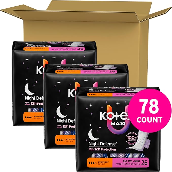 Kotex Overnight Maxi Pads with Wings, 78 Count (3 Packs of 26)(Packaging May Vary)