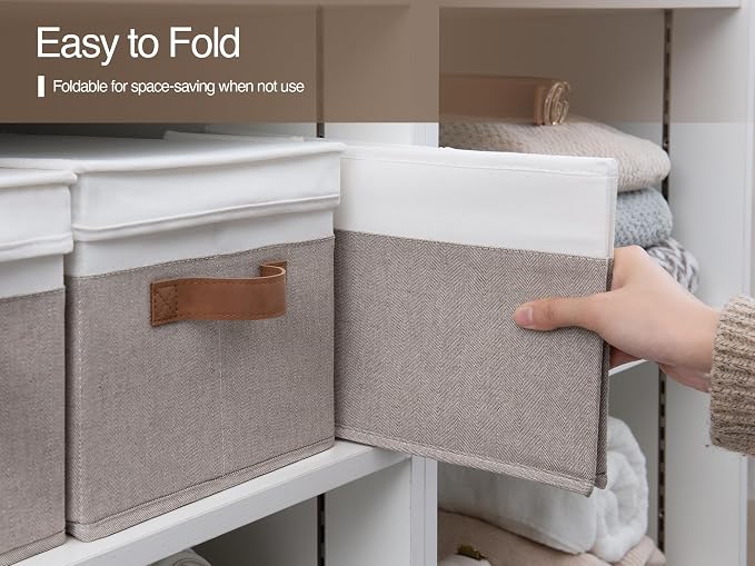 StorageWorks Fabric Storage Bins with Lids, Closet Storage Bins | Lidded Dust-proof, Easy Pull Handles, Foldable, Stackable, Ideal for Clothes Blanket Towel, Jumbo, Brown and White, 3-Pack
