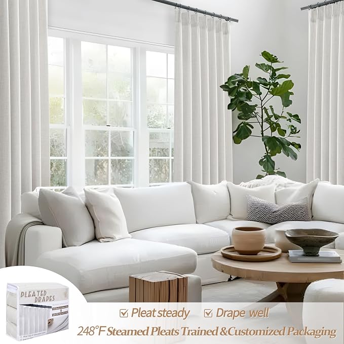 Custom Extra Long 105 Inch Floor to Ceiling Curtains for Living Room, Neutral Beige White Linen Pinch Pleated Light Filtering Sheer Curtain 2 Panels Set Hook Ring for 104-106 Inches Large Window Drape