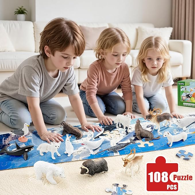 Arctic Animals Figurines Toys - 16PCS Winter Polar Animals Figures & 108 PCS Large Arctic Jigsaw Puzzles Toys for Preschool Kids Toddlers Ideal Gift for Boys and Girls