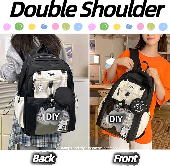 Kawaii Backpack Double Shoulder Bag with Cute Star Removable Pouch Clear Pocket Large Capacity Dopamine Colors Daypack (Clear Black)