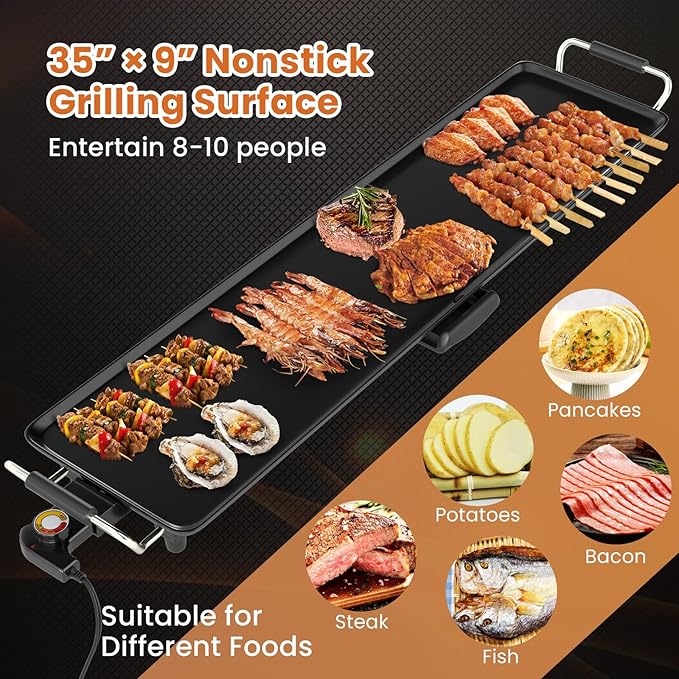 COSTWAY 35.5” Electric Griddle, Extra Large Teppanyaki Grill with Adjustable Temperature, Nonstick Surface, Insulated Handles & Drip Tray, Indoor Outdoor Tabletop BBQ Grill for Party, Camping & RV