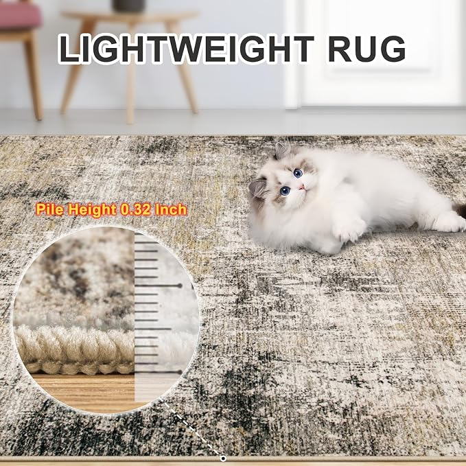 Area Rugs Living Room Rug - 4x6 Washable Modern Abstract Soft Neutral Non-Slip Carpet Large Indoor Floor Thin Carpets for Bedroom Dining Room Farmhouse Nursery Home Office Brown Black Grey