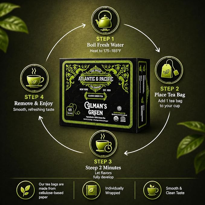 A&P Coffee Gilman’s Organic Green Tea Bags, 48 Count, Smooth Flavor Green Tea, Naturally Caffeinated, Rich in Antioxidants, Fresh Aroma, Premium Green Tea, Hot or Iced Tea