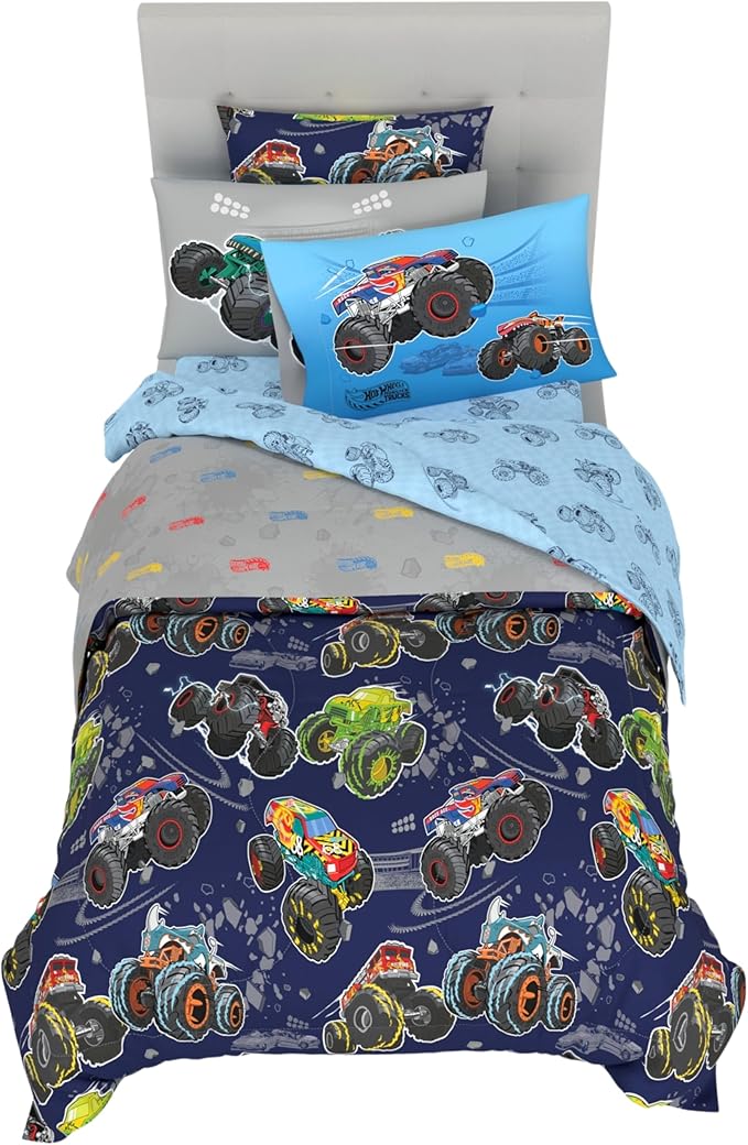 Hot Wheels x Monster Trucks Bedding Set, Twin Size 5 Piece Set Kids Super Soft Cozy Reversible Comforter and Sheet Set with Sham, (100% Officially Licensed Product) by Franco