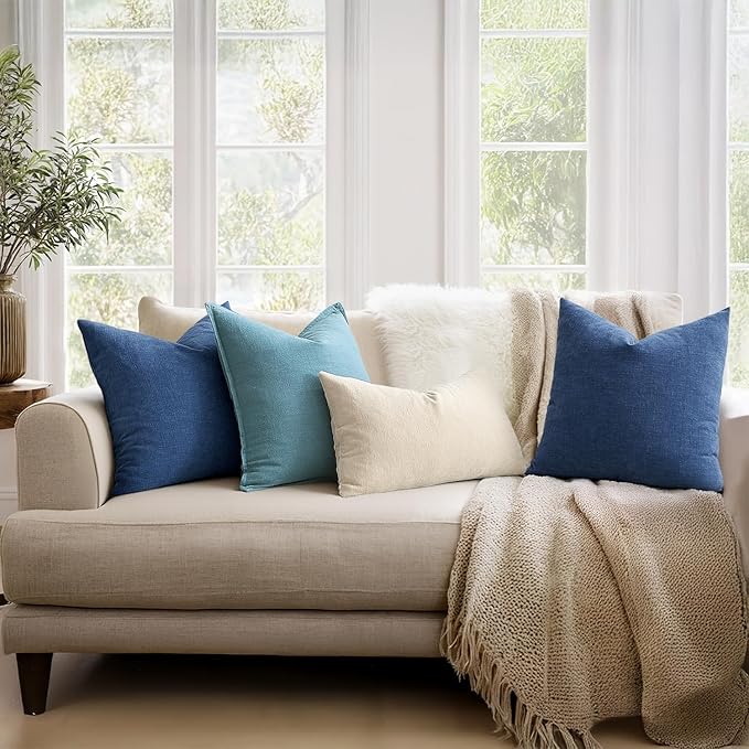 MIULEE Navy Blue Chenille Couch Lumbar Throw Pillow Covers, 12x20 | Set of 2, Soft Coastal Home Decor, Modern Farmhouse Decorative Pillowcases for Sofa Living Room Bed