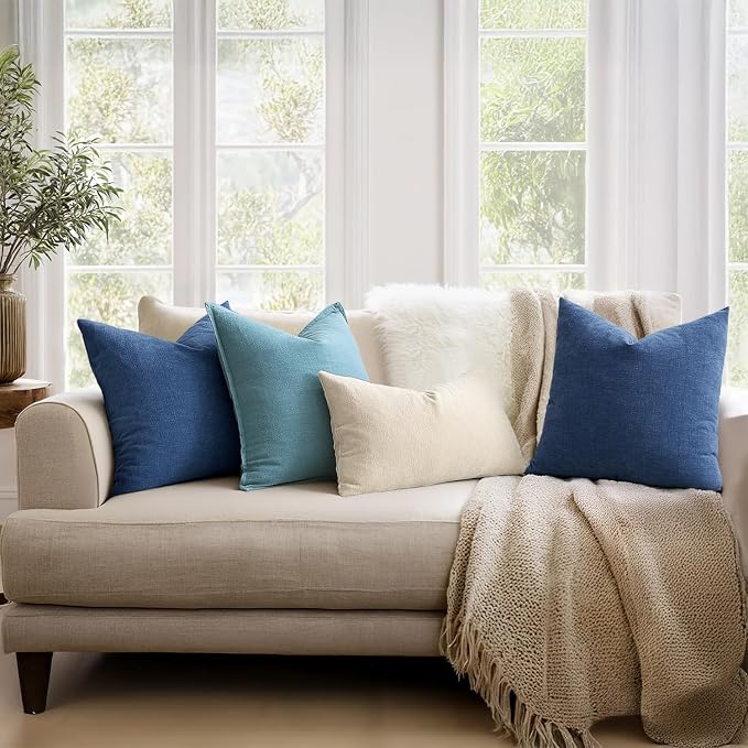 MIULEE Navy Blue Chenille Couch Euro Throw Pillow Covers, 22x22 | Set of 2, Soft Coastal Home Decor, Modern Farmhouse Decorative Pillowcases for Sofa Living Room Bed