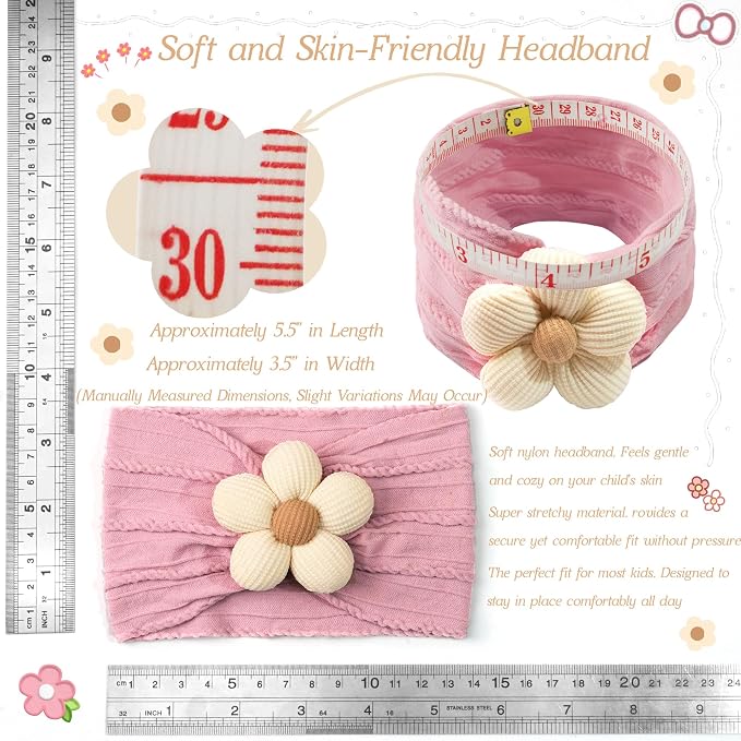 CÉLLOT 3 Pcs Baby Girl Headbands with Flower Nylon Headbands Soft Stretchy Headwear Hair Accessories for Newborn Infant Toddler Kids (Pink Beige Salmon)