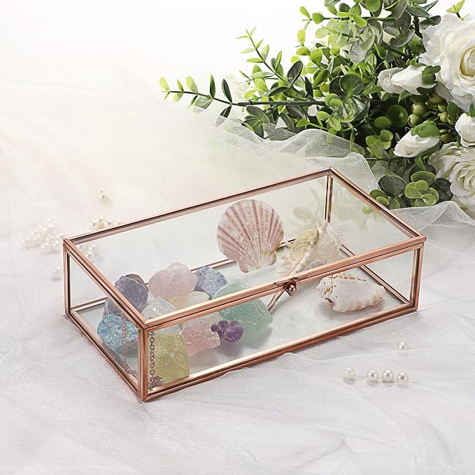 Hipiwe Glass Keepsakes Display Box Jewelry Organizer Box with Lid Decorative Glass Box Clear Rectangle Storage Box for Trinket Perfume Collection Gift for Birthday Anniversaries,Rose Gold Large