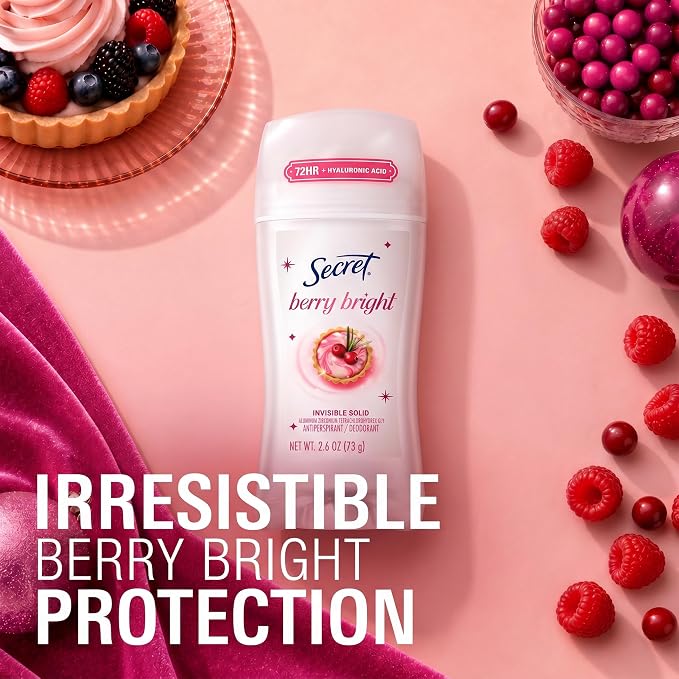 Secret Fresh Antiperspirant Deodorant for Women, 72hr Holiday Sweat & Odor Protection with Pro-Hyaluronic Acid, Invisible Solid, PH Balancing Minerals, Berry Bright Scent, 2.6 oz