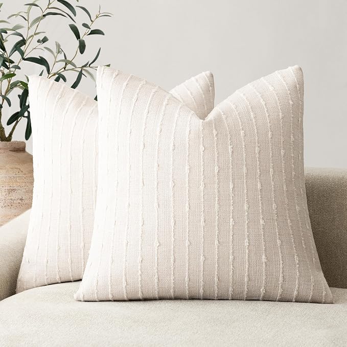 Foindtower Pack of 2 Decorative Jacquard Boucle Throw Pillow Covers Accent Textured Striped Pillowcases Soft Boho Modern Cushion for Couch Sofa Bedroom Living Room Home Decor 20x20 Inch Cream White