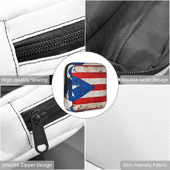 Compact Feminine Care Organizer Vintage Puerto Rico Flag, Reusable Polyester Sanitary Pad Bag, Portable for Purse Travel Daily