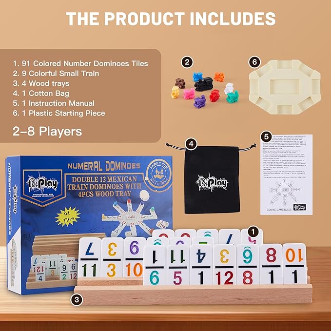 PUREPLAY Mexican Train Dominoes Set with Numbers - Double 12 Colored Number Dominoes - 91 Tiles, 9 Trains, 4 Wooden Trays & Storage Bag for 2-8 Players Ages 8+