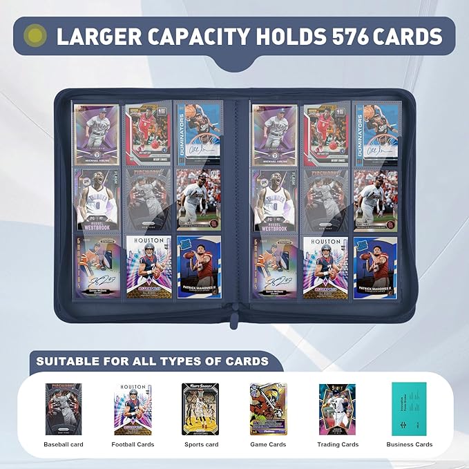 Trading Card Binder 9 Pocket - 180 Cards Capacity, Side Loading Card Album with Zipper Closure, Card Collection Holder for TCG, Game Cards, Sports Cards, Yugioh（Navy Blue）