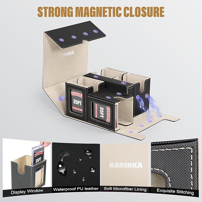 Kabinka Card Deck Box for MTG Commander, Holds 400+ Double-Sleeved Cards, 5 IN 1 Detachable Card Case with Dice Tray, Fits Magic/TCG Cards, 4 Magnetic Card Holders & Dividers (Black Gold)