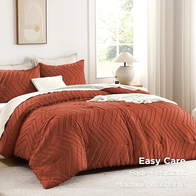 Andency Burnt Orange Oversized Super King Plus Comforter Set 128x120, Extra Large King Size Comforter Oversize Boho Soft Warm Bedding Comforter Sets, 3 Pieces Aesthetic Chevron Textured Bedding
