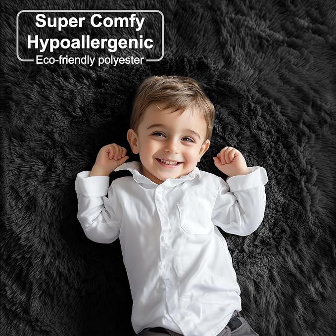 PAGISOFE 4x6 Fluffy Bedroom Rugs Black Modern Living Room Area Rug Fuzzy Shaggy Carpet Indoor Plush Nursery Rugs for Kids Room Furry Floor Rug for Boys Carpet for Teen Dorm Room Decor