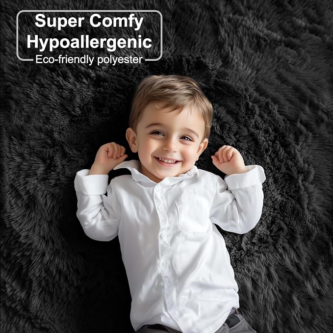 PAGISOFE Black Fluffy Shag Area Rugs for Bedroom 5x7, Soft Fuzzy Shaggy Machine Washable Rugs for Living Room,Plush Nursery Rug Kids Room Furry Floor Rug Boys Carpet for Teen Dorm Black Room Decor