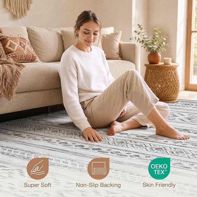 cotiled 10x12 Area Rugs Living Room Rug: Washable Boho Rugs with Non Slip Backing Large Soft Indoor Stain Resistant Carpet for Bedroom Farmhouse Dining Room Lightweight Home Decor Cream Grey