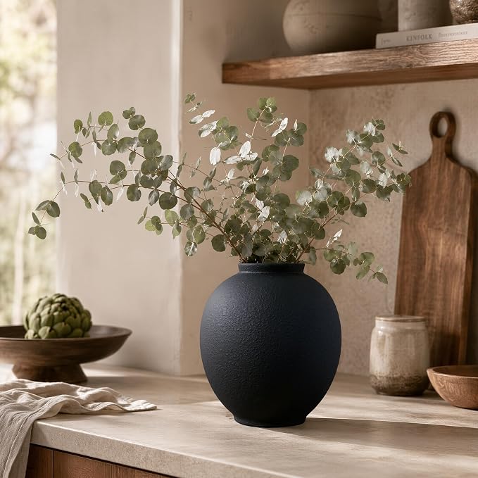Starttag Large Black Ceramic Vase, 9.8 inch Rustic Farmhouse Flowers Vase for Home Decor, Sandstone Texture Round Pottery Tall Vase Indoor for Table Living Room Decor
