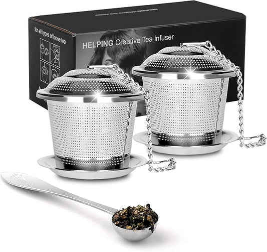 Numola Tea Ball Infuser for Loose Tea with Spoon and Drip Tray, 2Pcs | Loose Leaf Tea Infusers Set, Fine Mesh Tea Steeper, With Spoon and Drip Trays, Extended Chain Hook, Gifts for Men and Women