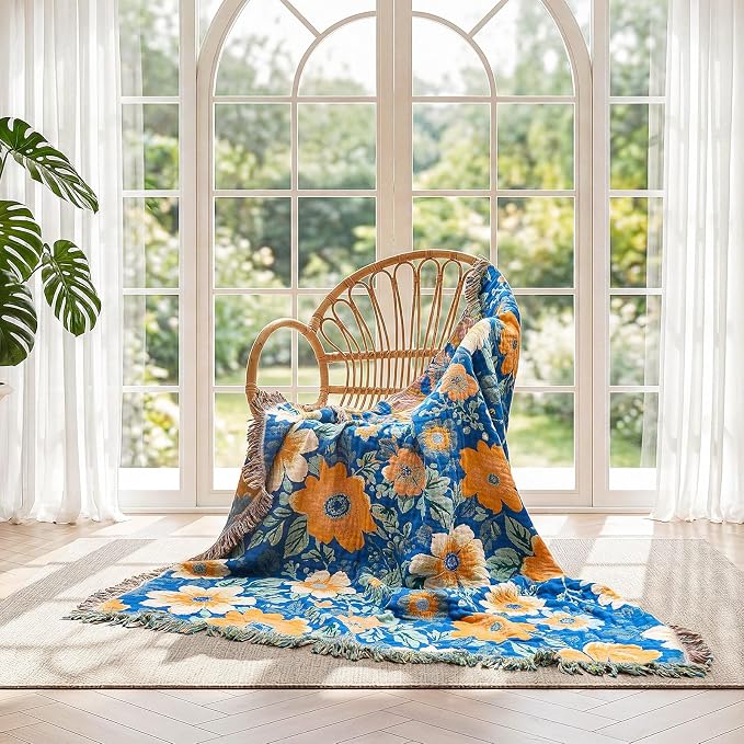 LUTBM Boho Throw Blanket for Couch 50"x60", Cotton Decorative Bed Throws | Blue Reversible Florals Jacquard, All-Season Lightweight Soft Blanket, For Chair Sofa Bedroom Living Room Decor