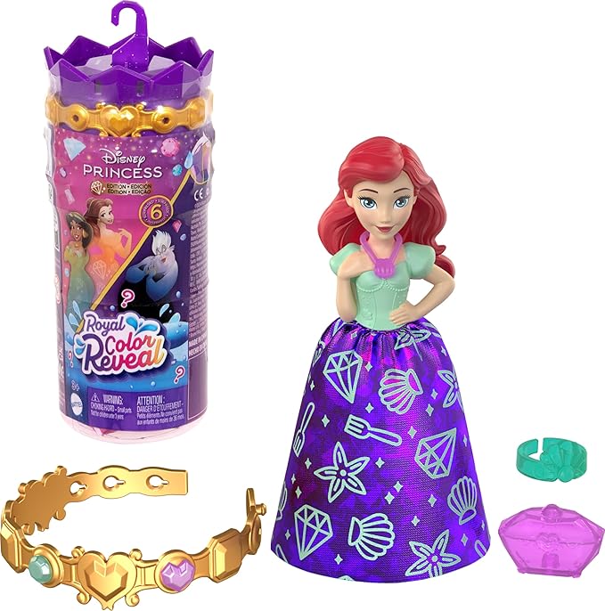 Mattel Disney Princess Toys, Small Doll Surprise, Royal Color Reveal, 6 Surprises Include Doll, Bracelet & 4 Pieces, Princess or Villain Series (Dolls May Vary)