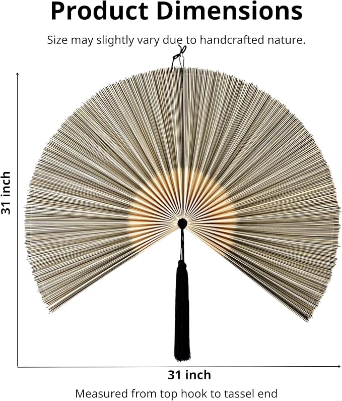 ChumDecor Bamboo Fan Wall Decor, Japanese Wall Fan Decoration, Gray 31 in | Cute Decorative Oriental and Asian Style Hanging Piece for Above the Bed Headboard Nightstand or Small Living Room