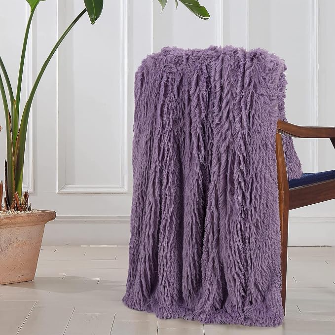 Decorative Extra Soft Fuzzy Faux Fur Throw Blanket 50" x 60",Solid Reversible Long Hair Shaggy Blanket,Fluffy Plush Comfy Microfiber Fleece Blanket for Couch Sofa Bedroom,Patrican Purple