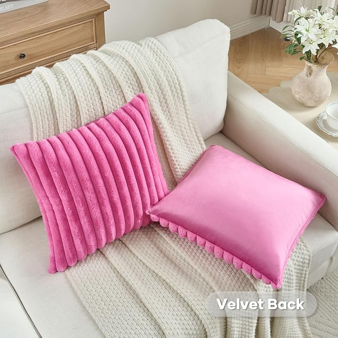 FUTEI Pack of 2 Faux Fur Throw Pillow Covers 16x16 Inch, Hot Pink | Fluffy Faux Rabbit Fur Front/Premium Velvet Back,Hidden Zipper,Machine Washable,Non-Shedding,Colorfast,Insert Not Included.