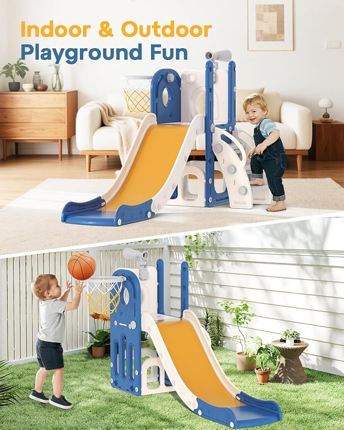 Babytronic Toddler Slide, 6 in 1 Kids Indoor Slide for Toddlers 1-3, Baby Indoor and Outdoor Climber Playset, Kids Slide with Basketball Hoop and Telescope, Toddler Outdoor Playground (Blue&Yellow)