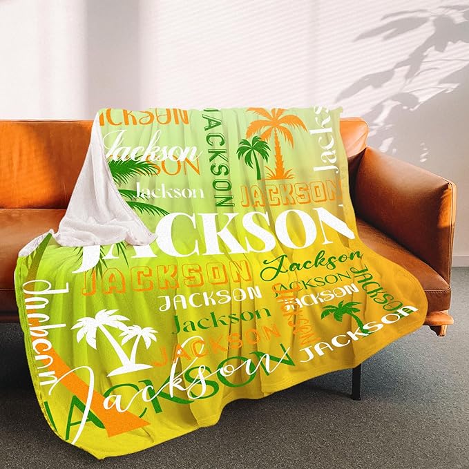 Personalized Name Blanket with Coconut Tree, Custom Blanket with Name for Adults, Customized Soft Throw Blanket, Personalized Gifts for Birthday Anniversary for Women Men