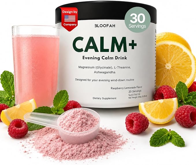 Calm+ Magnesium Glycinate Calm Drink Mix – Relaxation & Sleep Support Powder with L-Theanine & Ashwagandha for Cortisol Balance | Sugar Free | Evening Wind-Down Supplement – 30 Servings