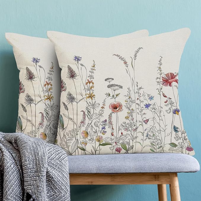 AEIOAE Spring Pillow Covers 20x20 Inch Set of 2, Black Wild Flower Throw Pillows Case,Colorful Seasonal Floral Plant Outdoor Decorative Farmhouse Decor Cushion Covers for Home Sofa Bed Couch