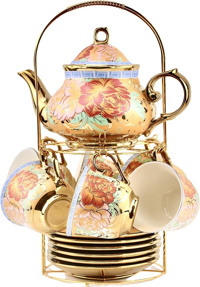 20 Pieces Porcelain Tea Set With Metal Holder, European Ceramic tea set for adults,Flower Tea Set,Tea Set For Women With Flower Painting (Large version, Deep yellow)