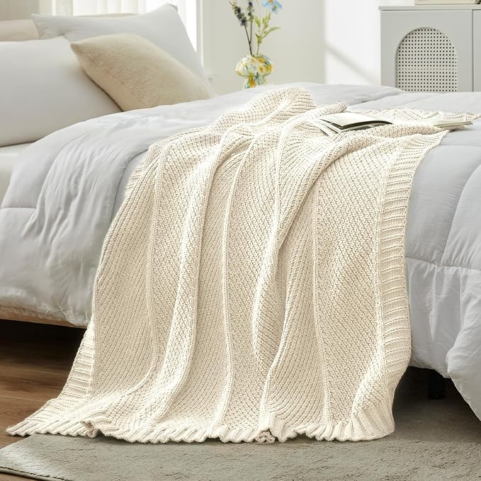 Knit Throw Blanket, Soft Chenille Cozy Breathable Chevron Chunky Decorative Blanket for Couch, Bed & Sofa, French-Inspired Lightweight Warm Gift for Women, Ivory, 50"x60"