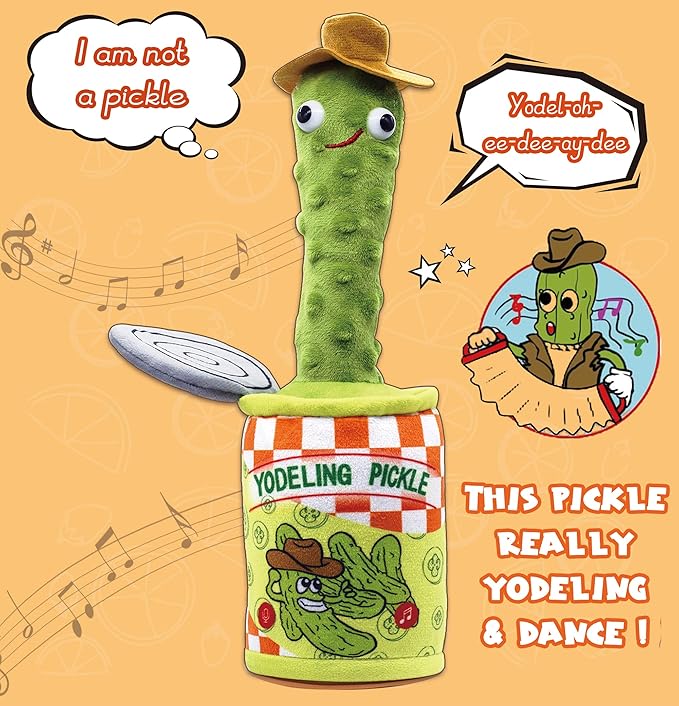 Yodeling Pickle, Talking Yodeling Toy Repeats What You Say, Singing Pickle Plush Toys - Rechargeable Twisted Mimicking Toy Singing Dance, Funny Prank Novelty Gag Gift for Adults & Kids