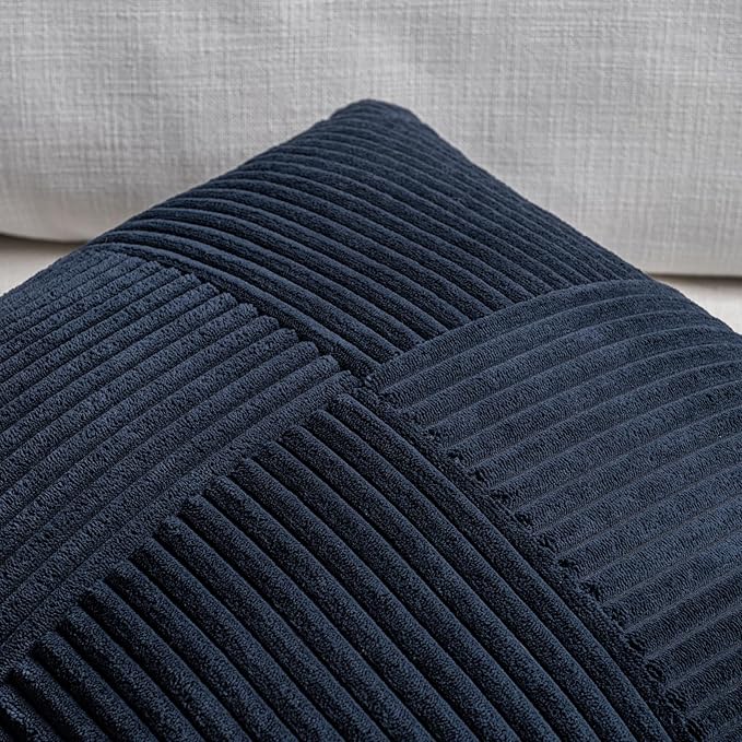 Fancy Homi Set of 2 Navy Blue Boho Long Lumbar Body Decorative Throw Pillow Cover 14x36 Inch for Bed Couch Bedroom Bench, Soft Patchwork Corduroy Textured Pillow Case, Rustic Farmhouse Room Décor