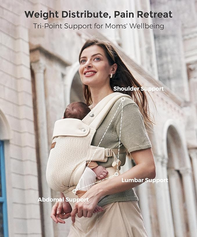 Momcozy Baby Carrier - Ergonomic, Cozy and Lightweight Carrier for 7-45lbs, Effortless to Put On, Ideal for Hands-Free Parenting, Enhanced Lumbar Support, Air Mesh-Almond
